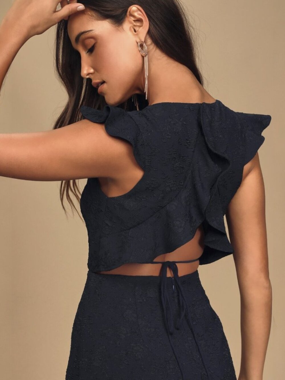 Lulus Sophisticated Soiree Navy Blue Jacquard Backless High-Low Dress NWT - Picture 3 of 8